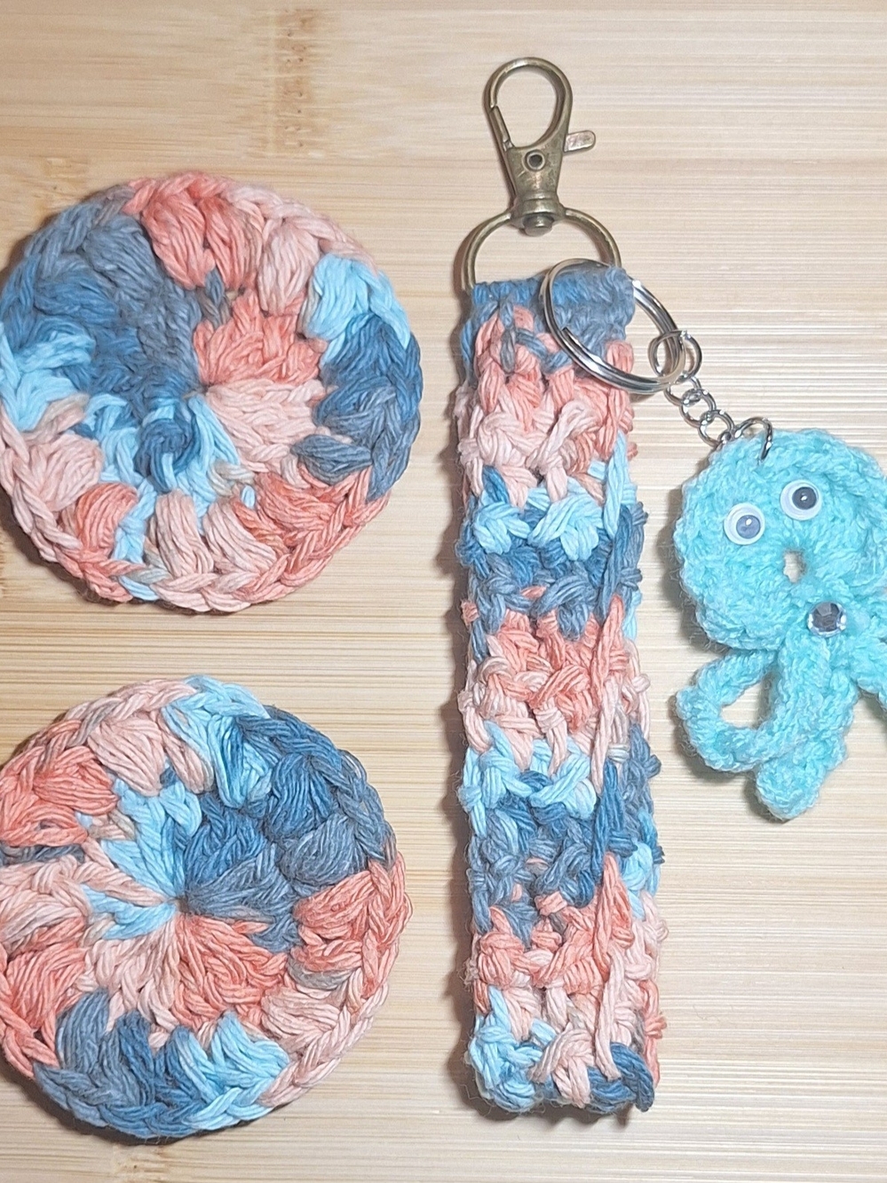 Handmade Crochet Keychain Wristlet with Octopus Charm & Car Coasters